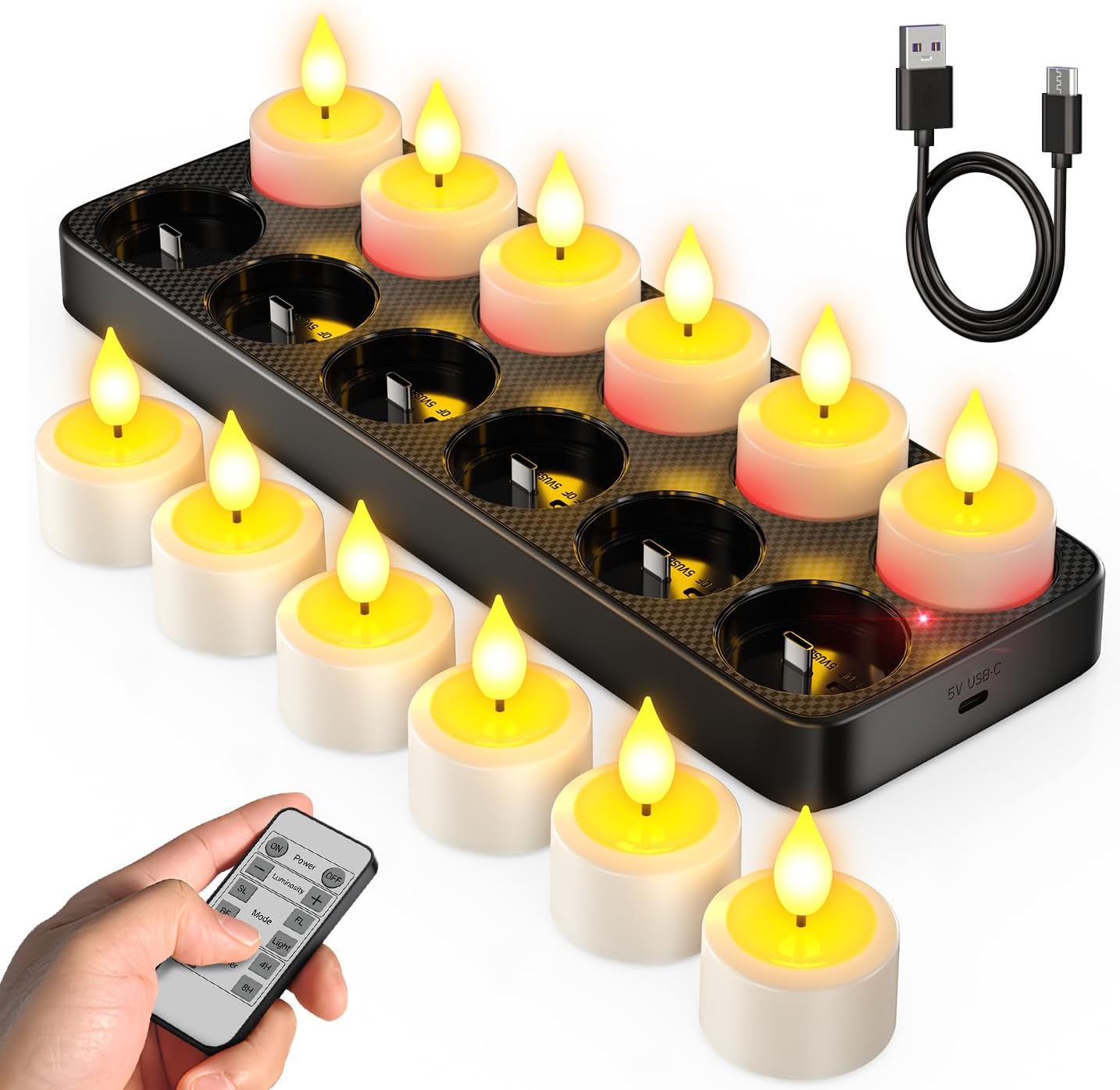 SoulBay 12er LED Teelichter Wiederaufladbar mit Fernbedienung & Ladestation